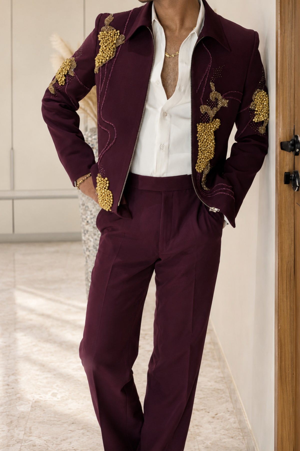 Deep Burgundy Bomber Jacket with Handcrafted Ghungroo Work