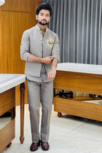 Grey Linen Shirt Jacket Set with Leopard Metal Emblem
