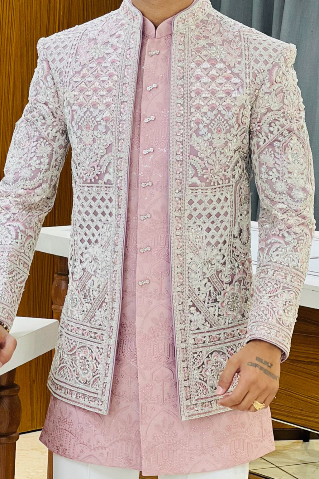 Pink Three Piece Jodhpuri Set with Embroidered Floral Motifs