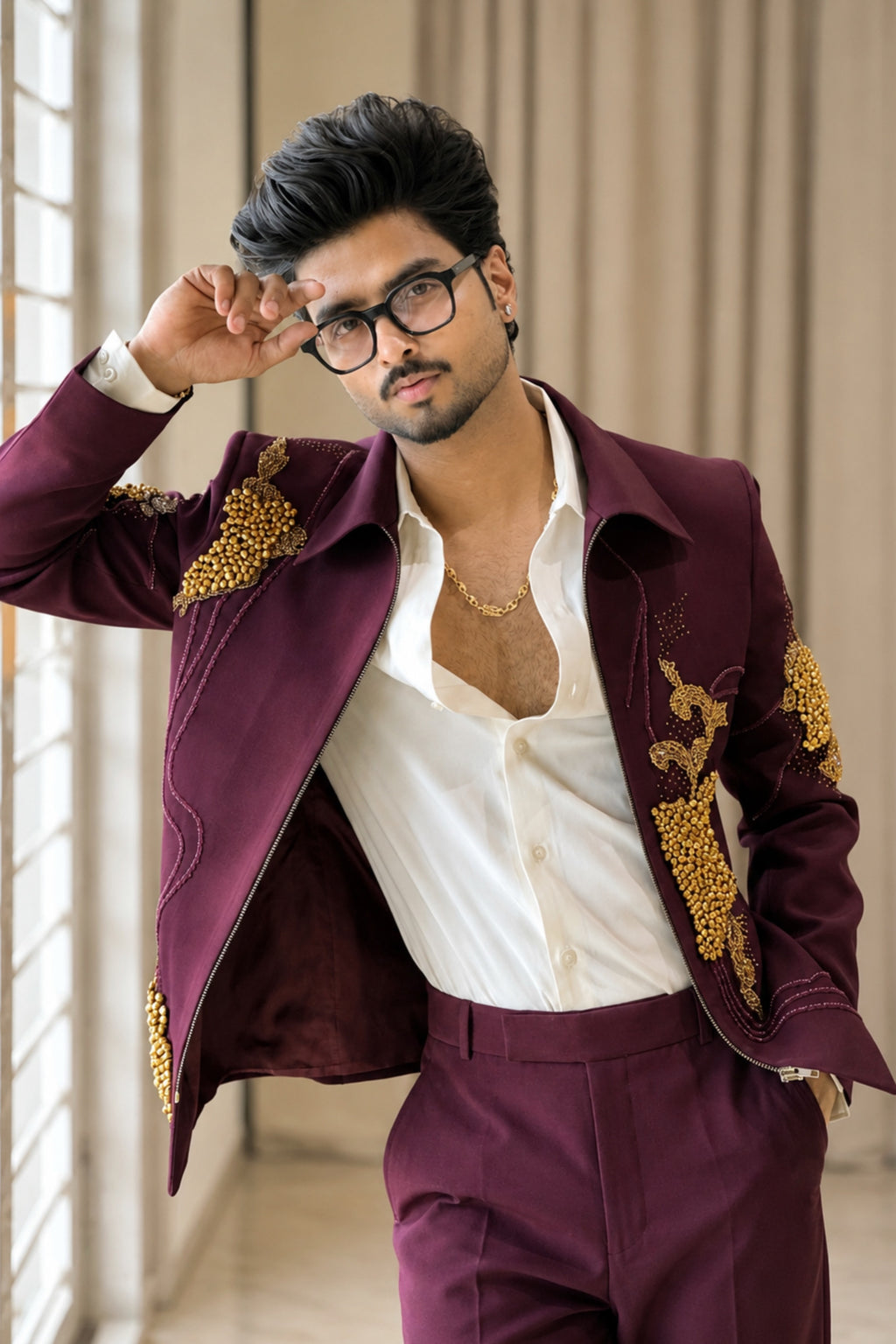 Deep Burgundy Bomber Jacket with Handcrafted Ghungroo Work