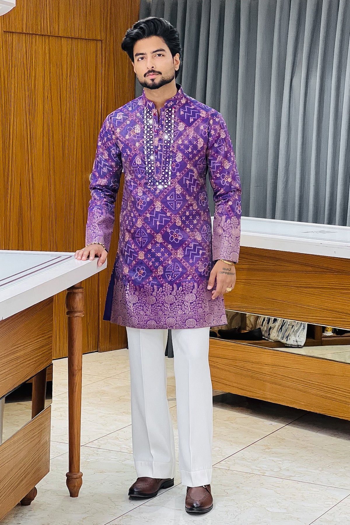 Purple Bandhani Mirror Work Kurta Pajama