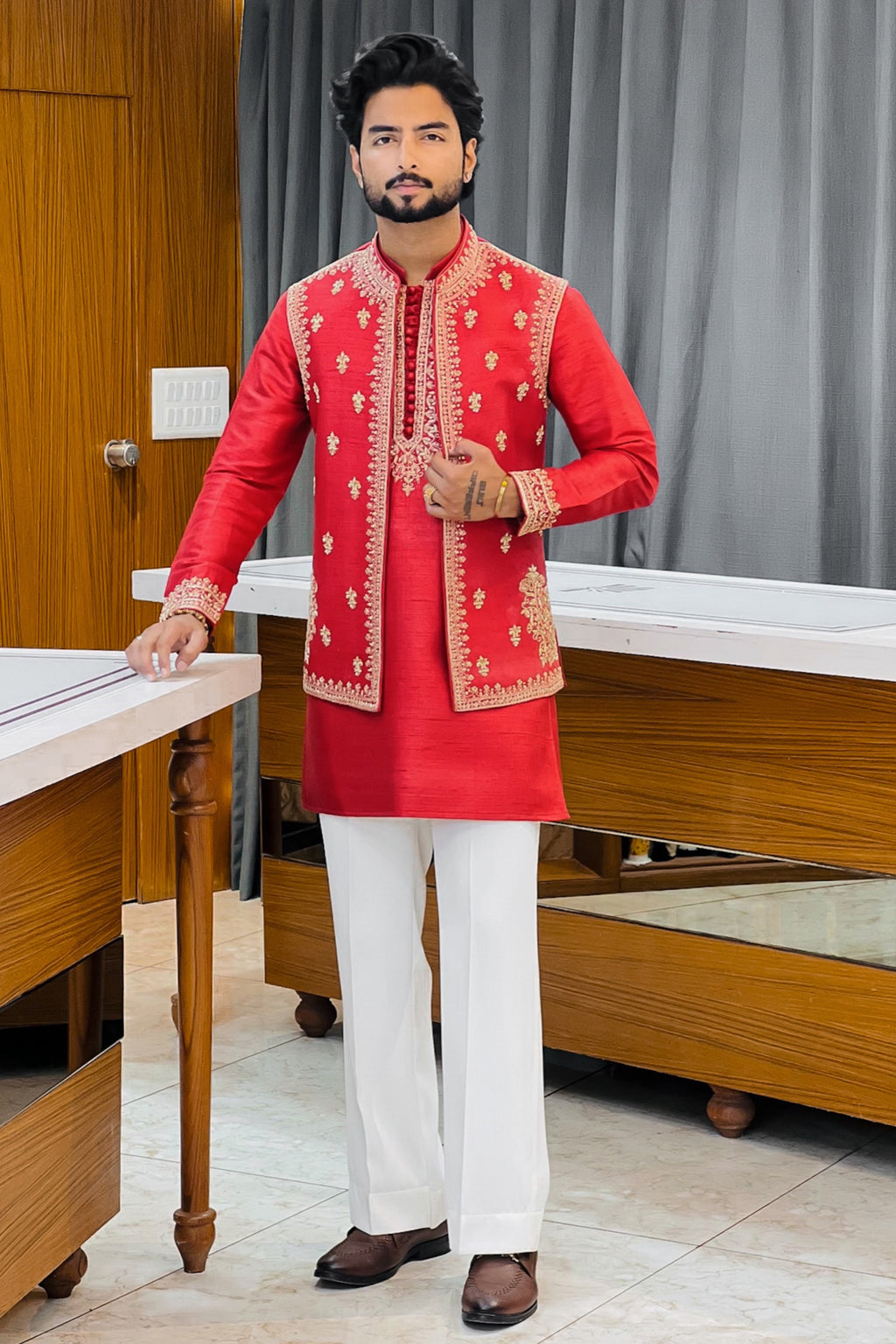 Red Hand Zardozi Kurta Jacket Set
