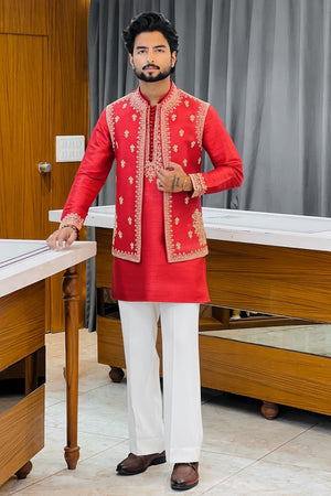 Red Hand Zardozi Kurta Jacket Set