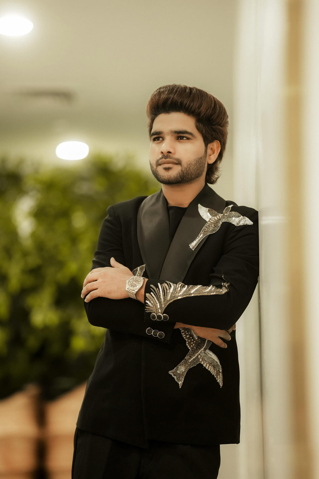 Salman Ali’s Black Signature Tuxedo with Handcrafted Sparrow Motif