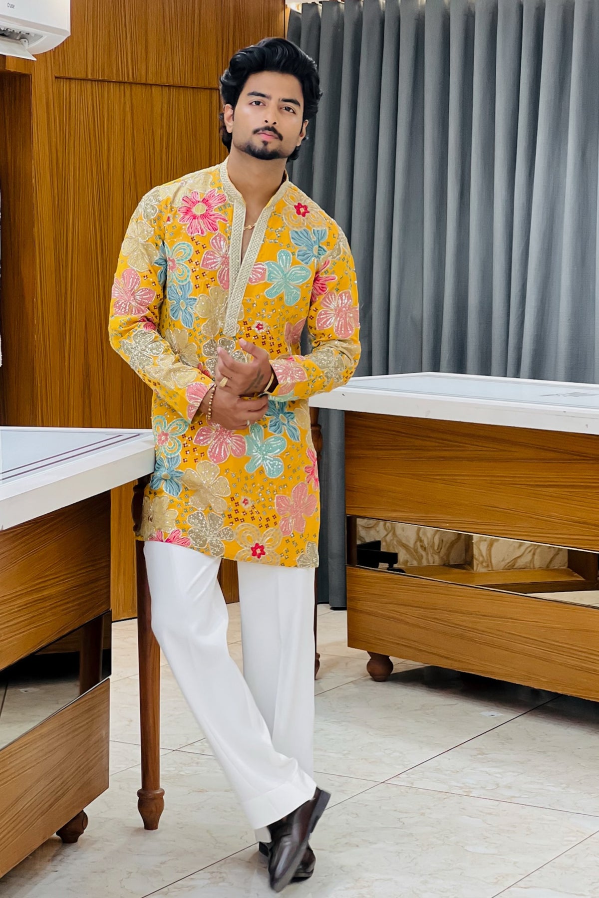 Yellow Floral Bloom Sequin Kurta Pajama