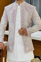 White Purple Three Piece Jodhpuri Set with Embroidered Floral Motifs