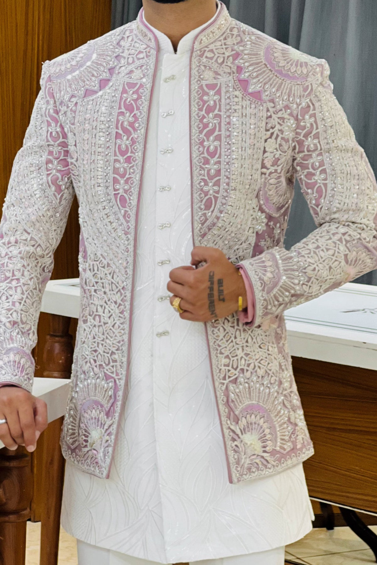 White Purple Three Piece Jodhpuri Set with Embroidered Floral Motifs