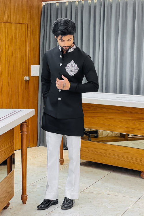 Black Linen Kurta Jacket Set with Elephant Metal Emblem