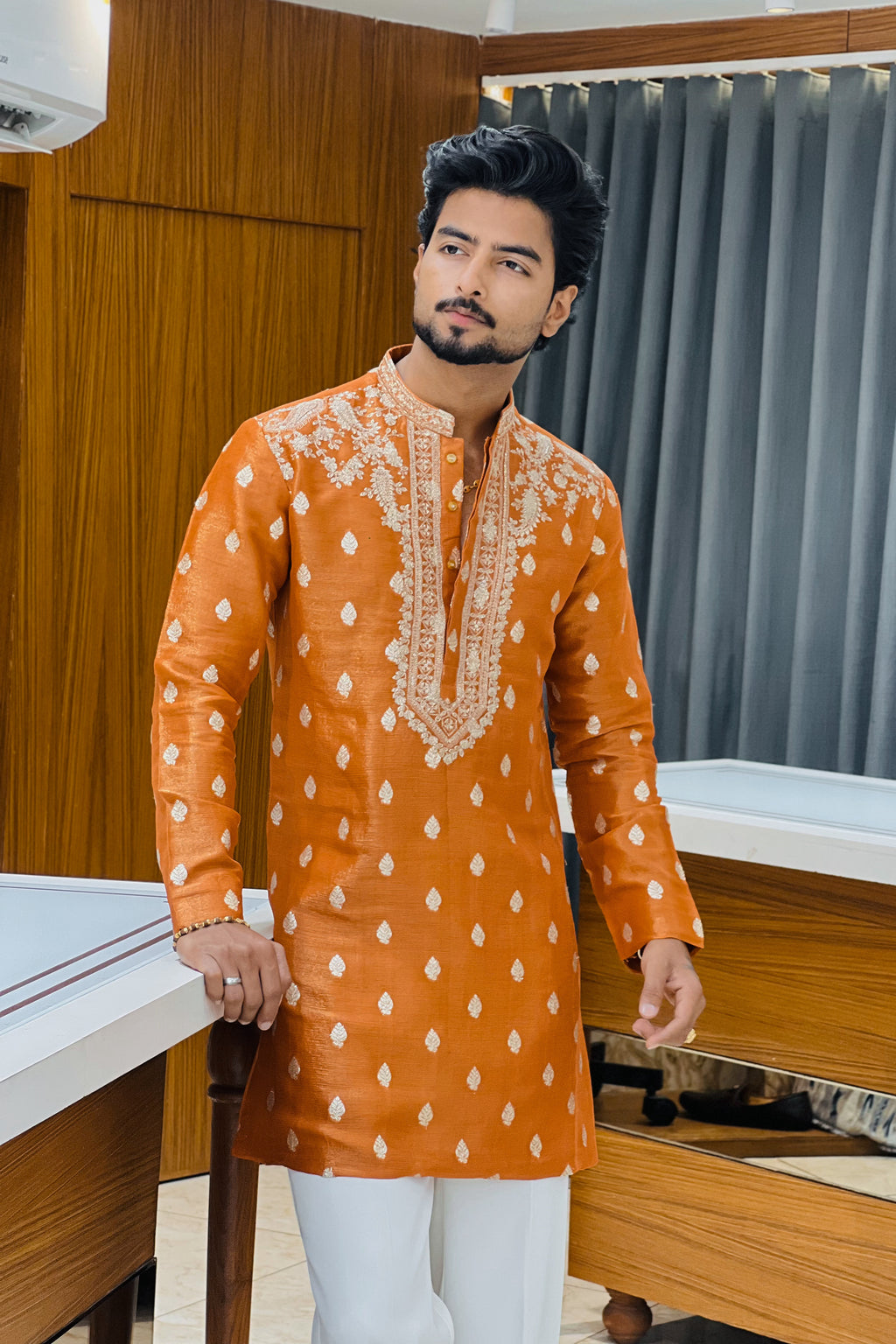 Orange Tissue Embroidered Kurta Pajama