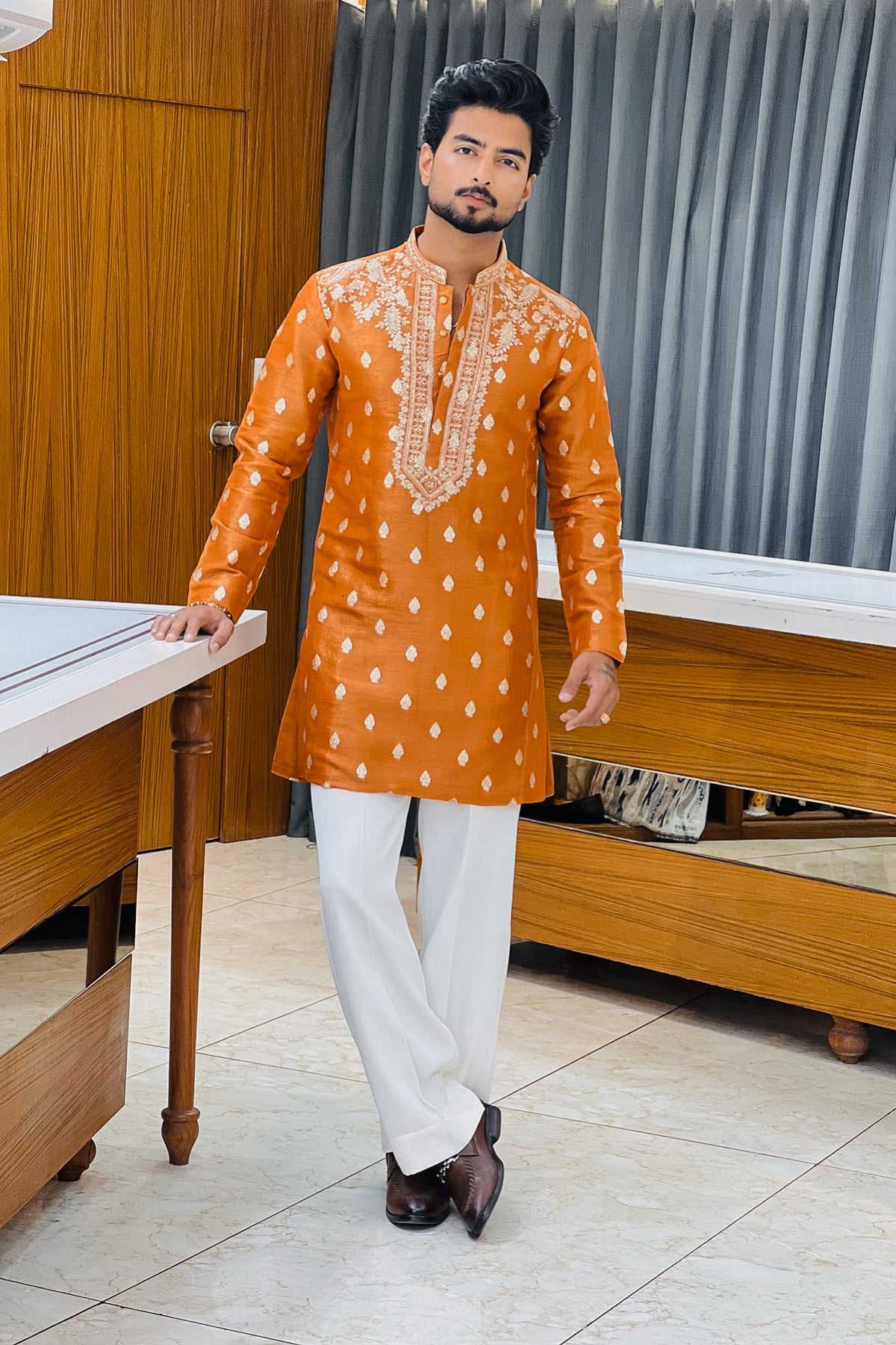Orange Tissue Embroidered Kurta Pajama