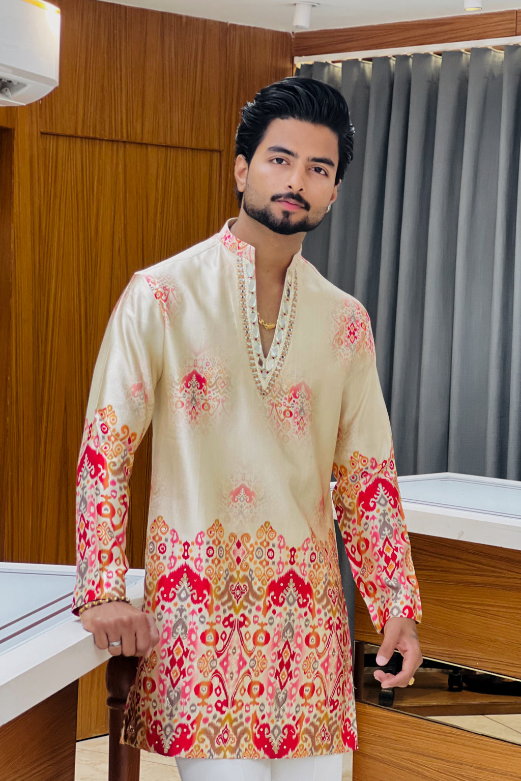 Ivory Satin Silk Mirror Work Kurta Set
