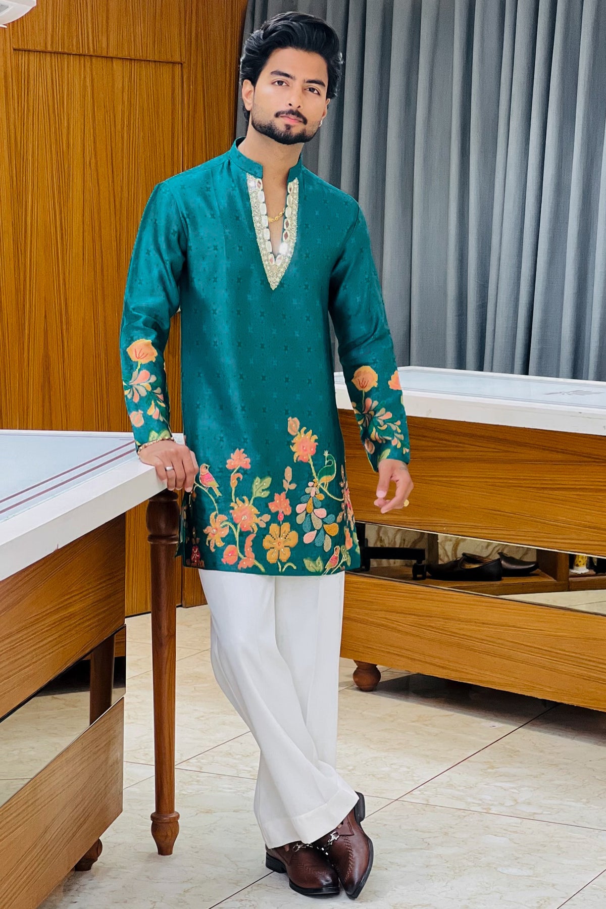 Teal Satin Silk Mirror Work Kurta Set
