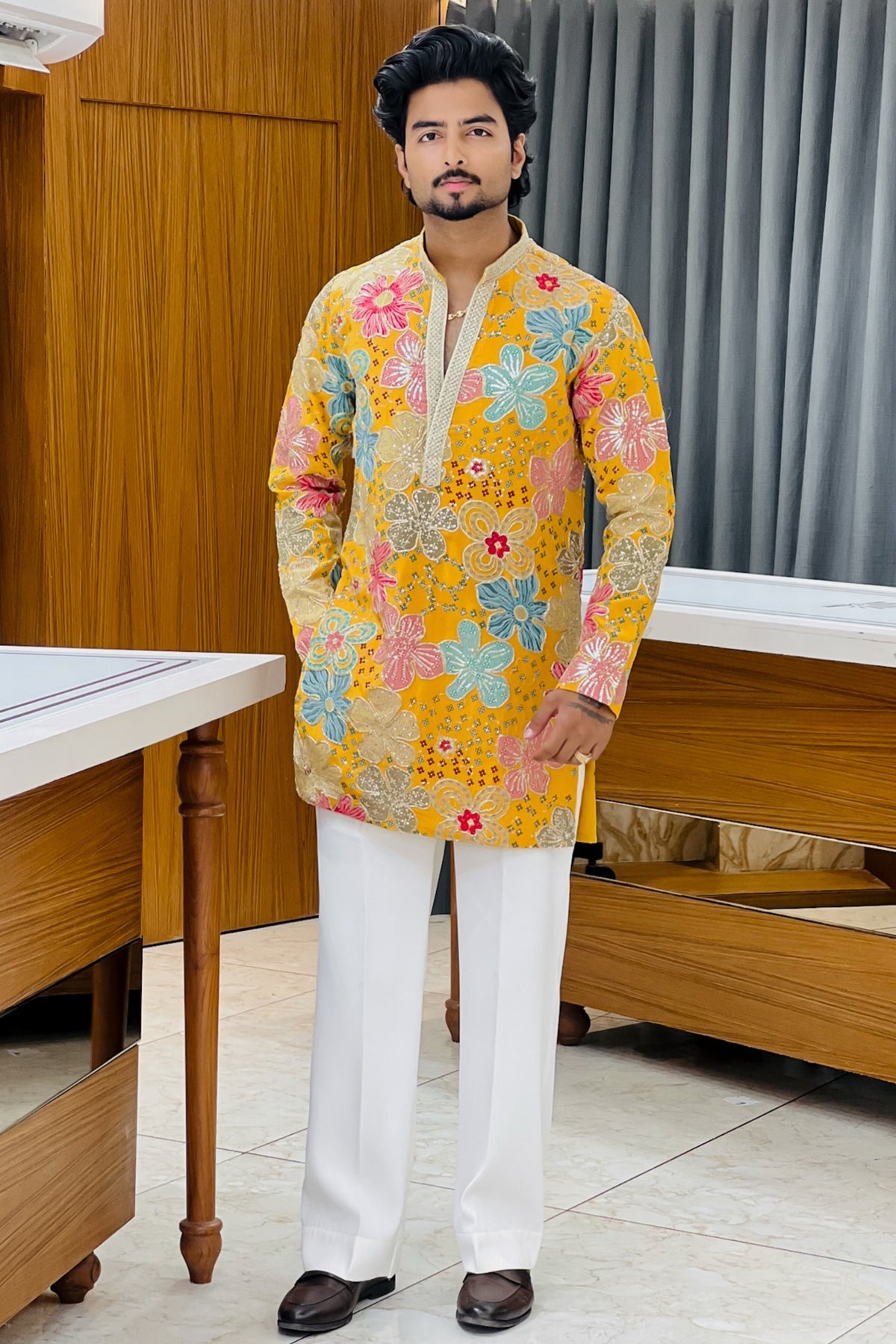 Yellow Floral Bloom Sequin Kurta Pajama