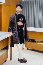Black Peacock Handwork Indowestern with Embroidered Shawl