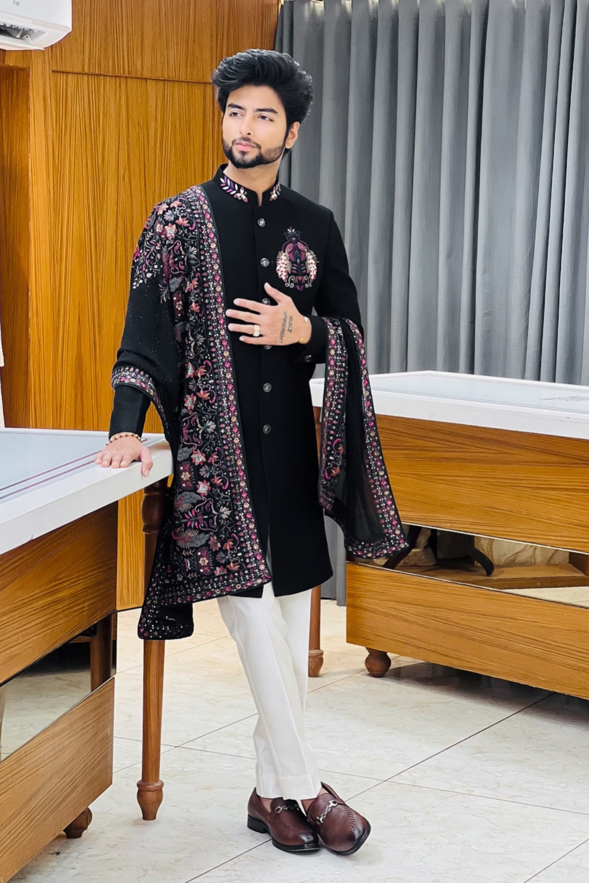 Black Peacock Handwork Indowestern with Embroidered Shawl