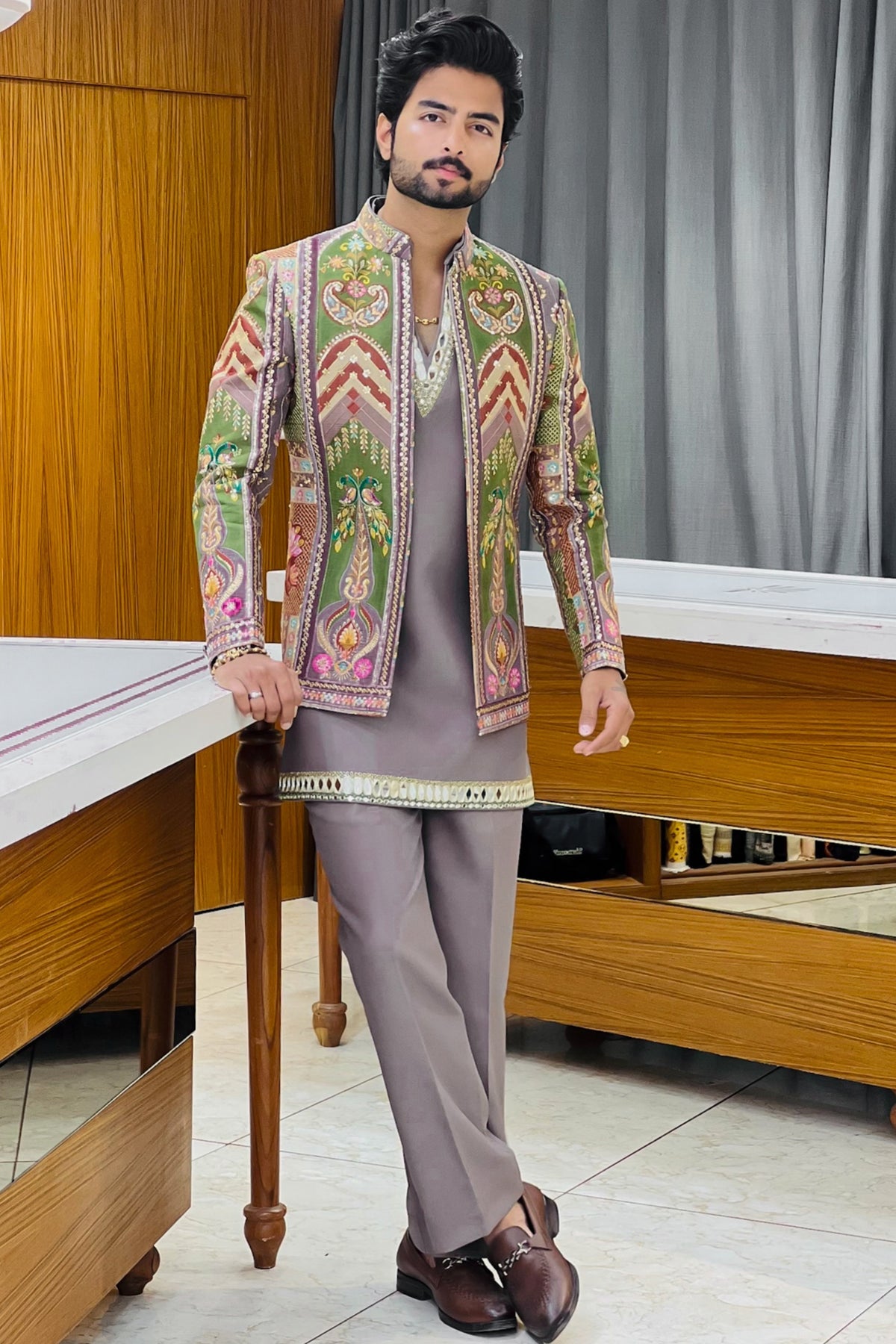 Dusty Mauve Mirror Work Three Piece Jodhpuri