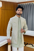 Pista Three Piece Jodhpuri Set with Embroidered Floral Motifs
