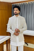 Pure White Three Piece Jodhpuri Set with Embroidered Floral Motifs