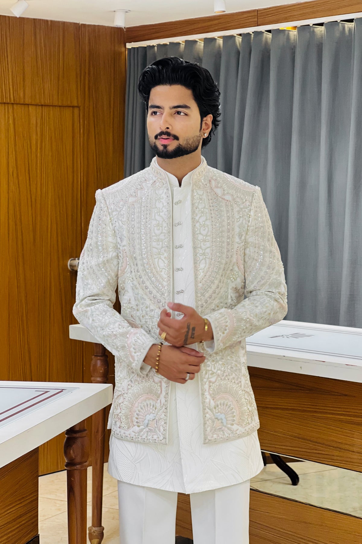 Pure White Three Piece Jodhpuri Set with Embroidered Floral Motifs