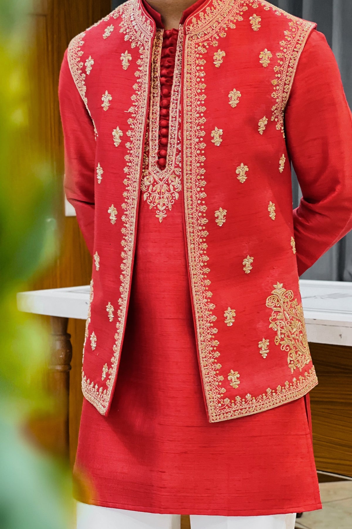 Red Hand Zardozi Kurta Jacket Set