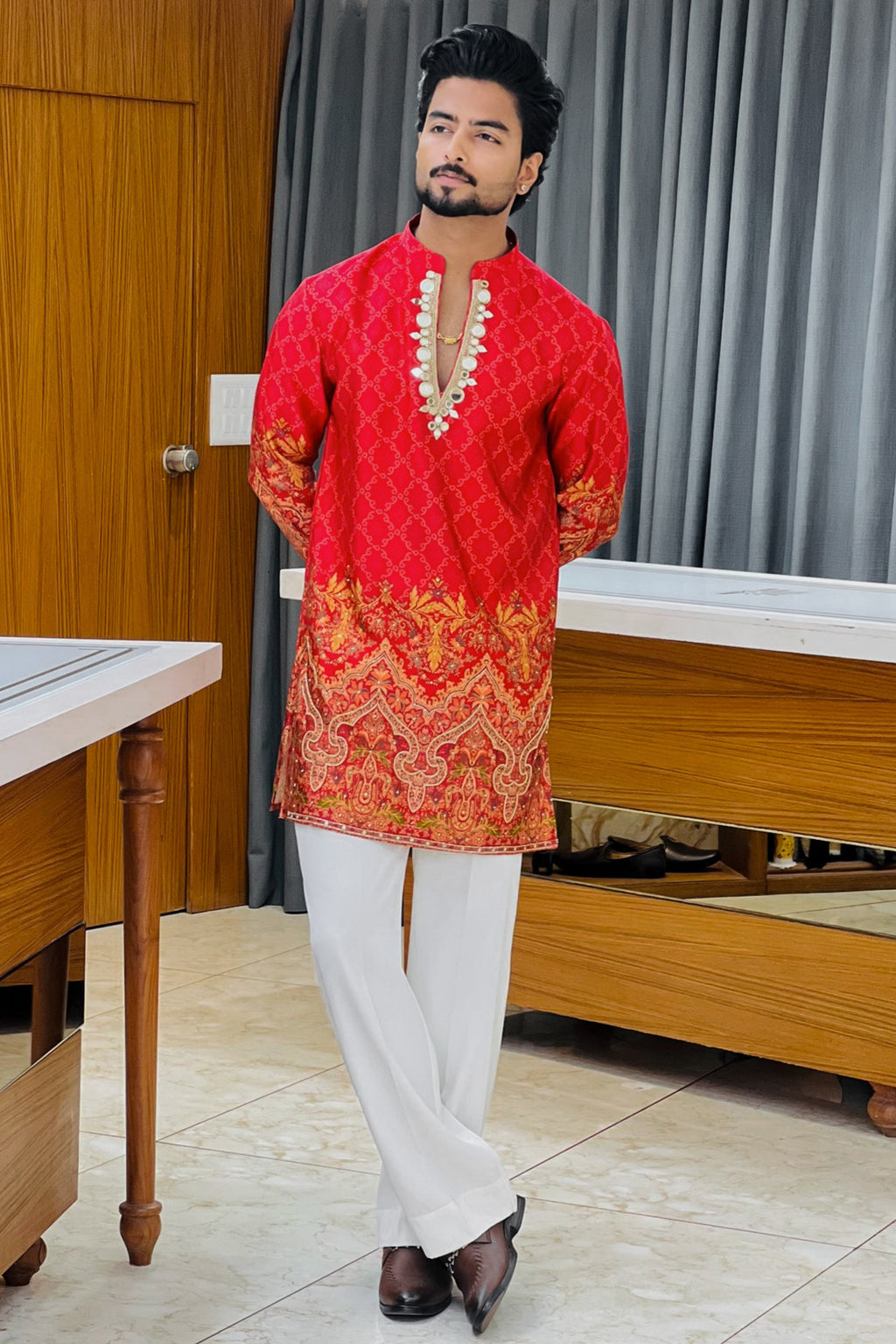 Red Satin Silk Mirror Work Kurta Set