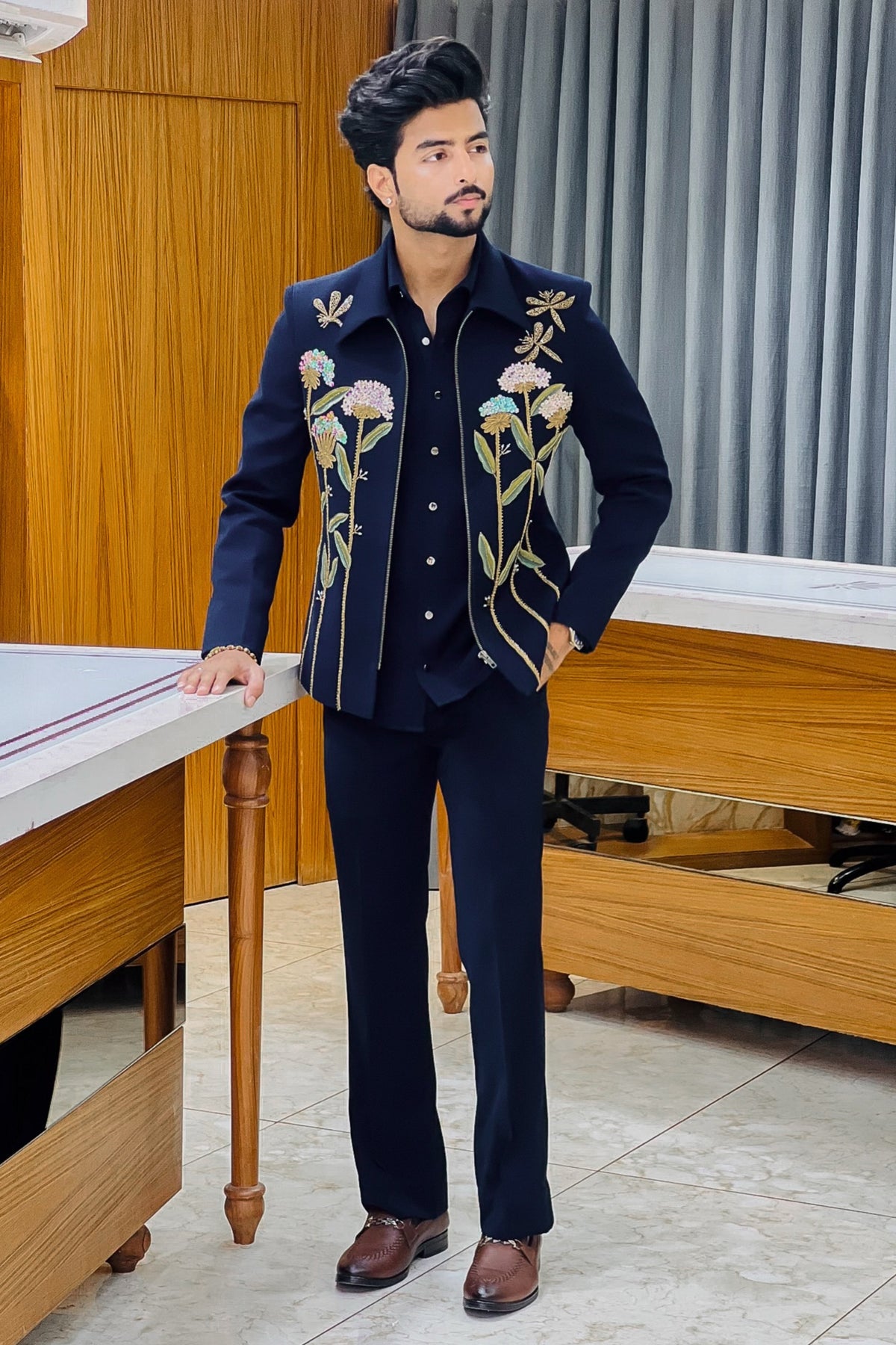Floral Chain Embellished Bomber Jacket Set