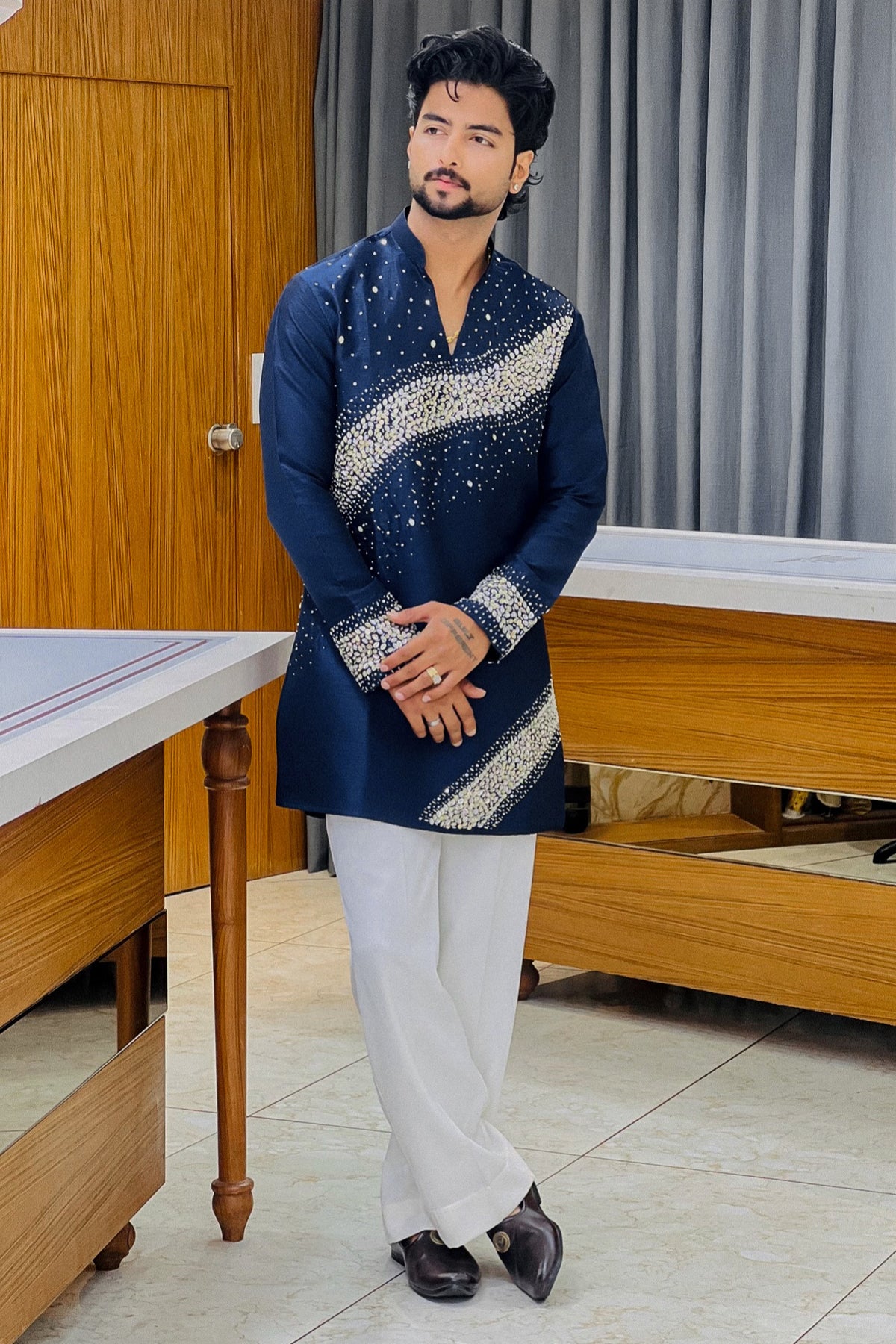 Nevy Blue Royal Sequin V-Neck Kurta Pajama
