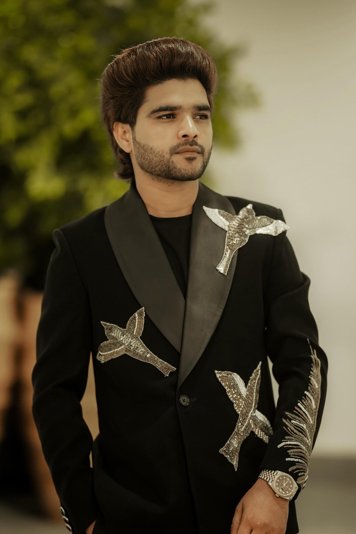 Salman Ali’s Black Signature Tuxedo with Handcrafted Sparrow Motif