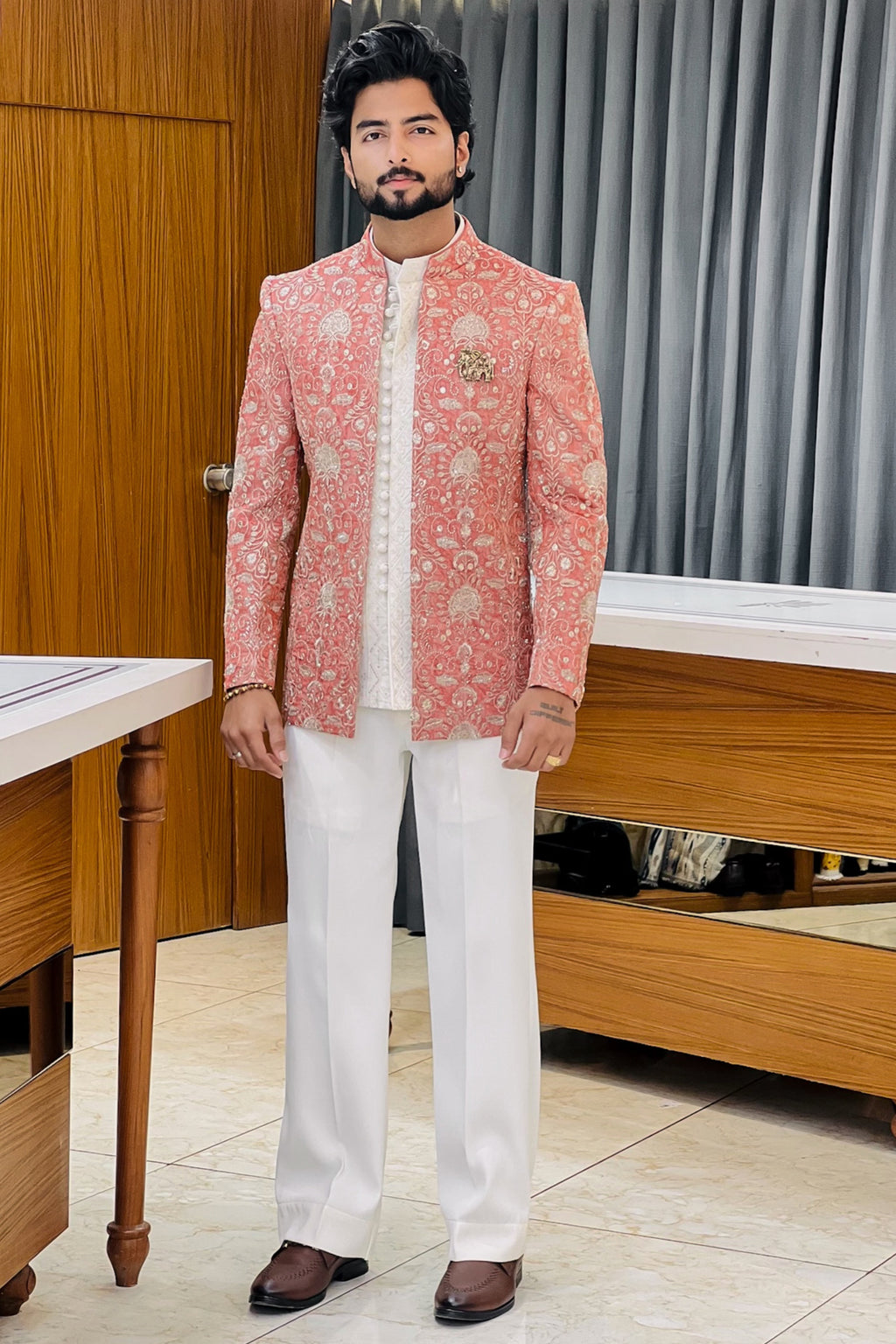 Coral Orange Crush Tissue Three Piece Jodhpuri Set
