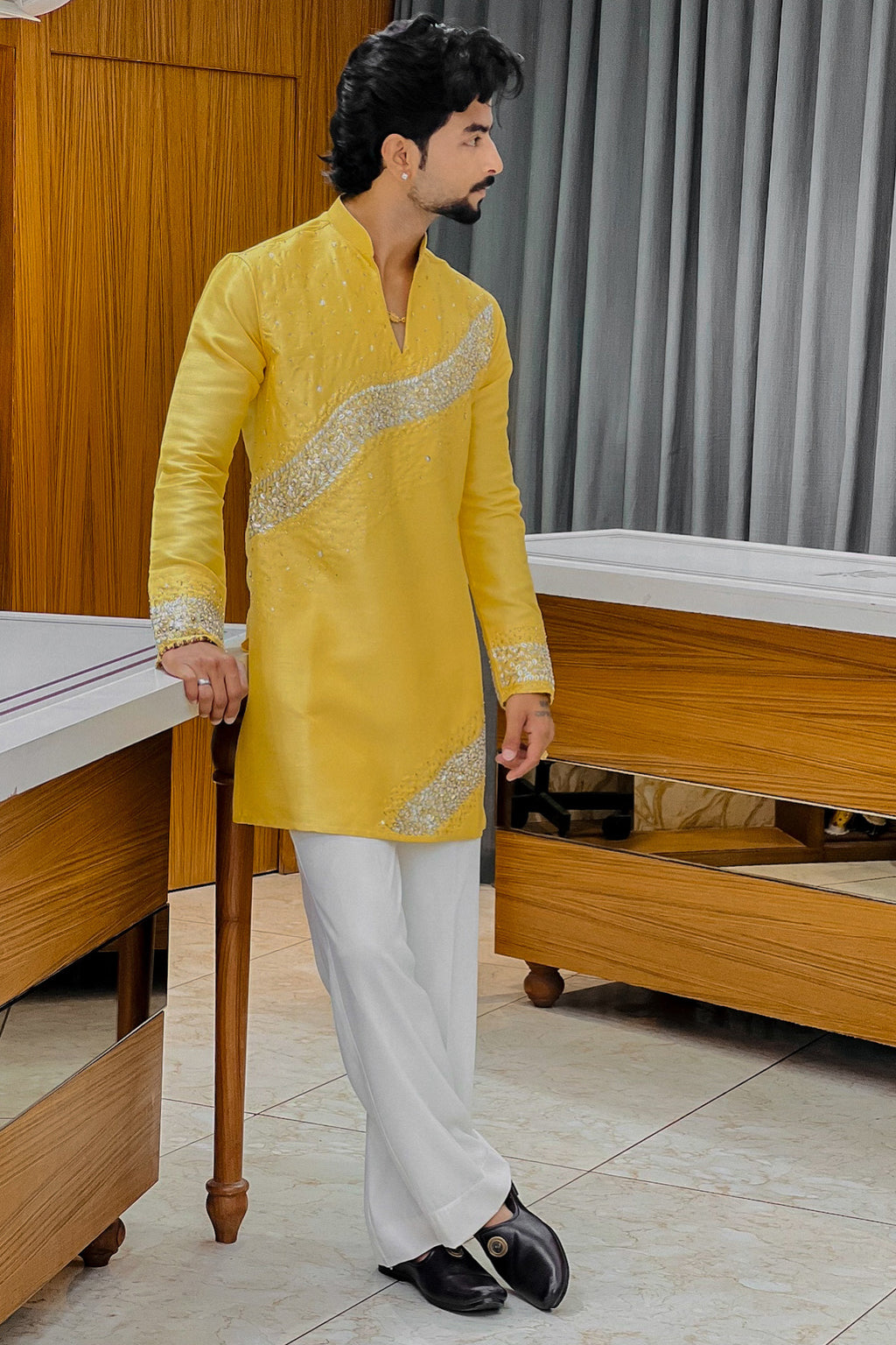Yellow Royal Sequin V-Neck Kurta Pajama