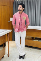 Dusty Rose Pink Linen Shirt Jacket Set with Elephant Metal Emblem