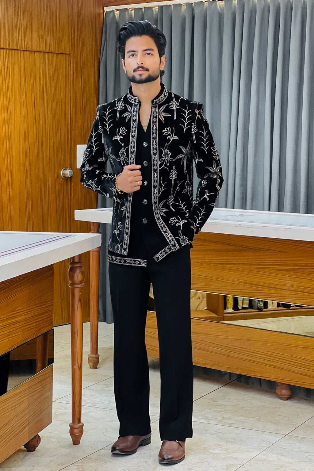 Black Velvet Floral Luxe Open Three Piece Jodhpuri