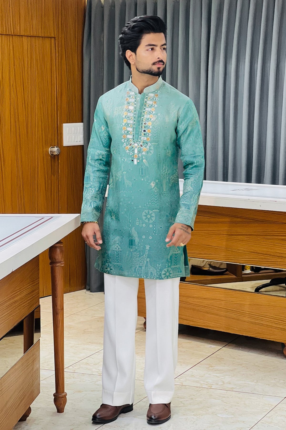 Sea Green Tropical Tales Mirror Work Kurta Pajama