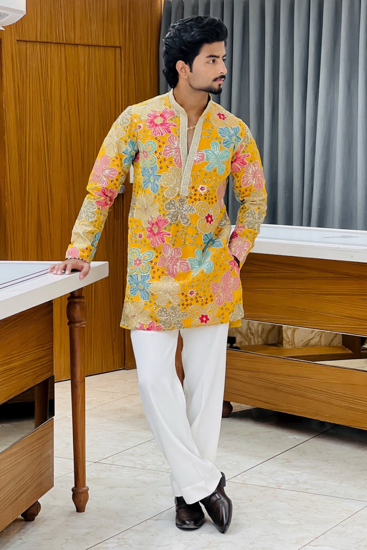 Yellow Floral Bloom Sequin Kurta Pajama