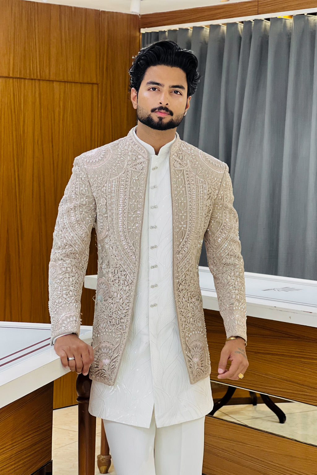 Pearl Beige Three Piece Jodhpuri Set with Embroidered Floral Motifs