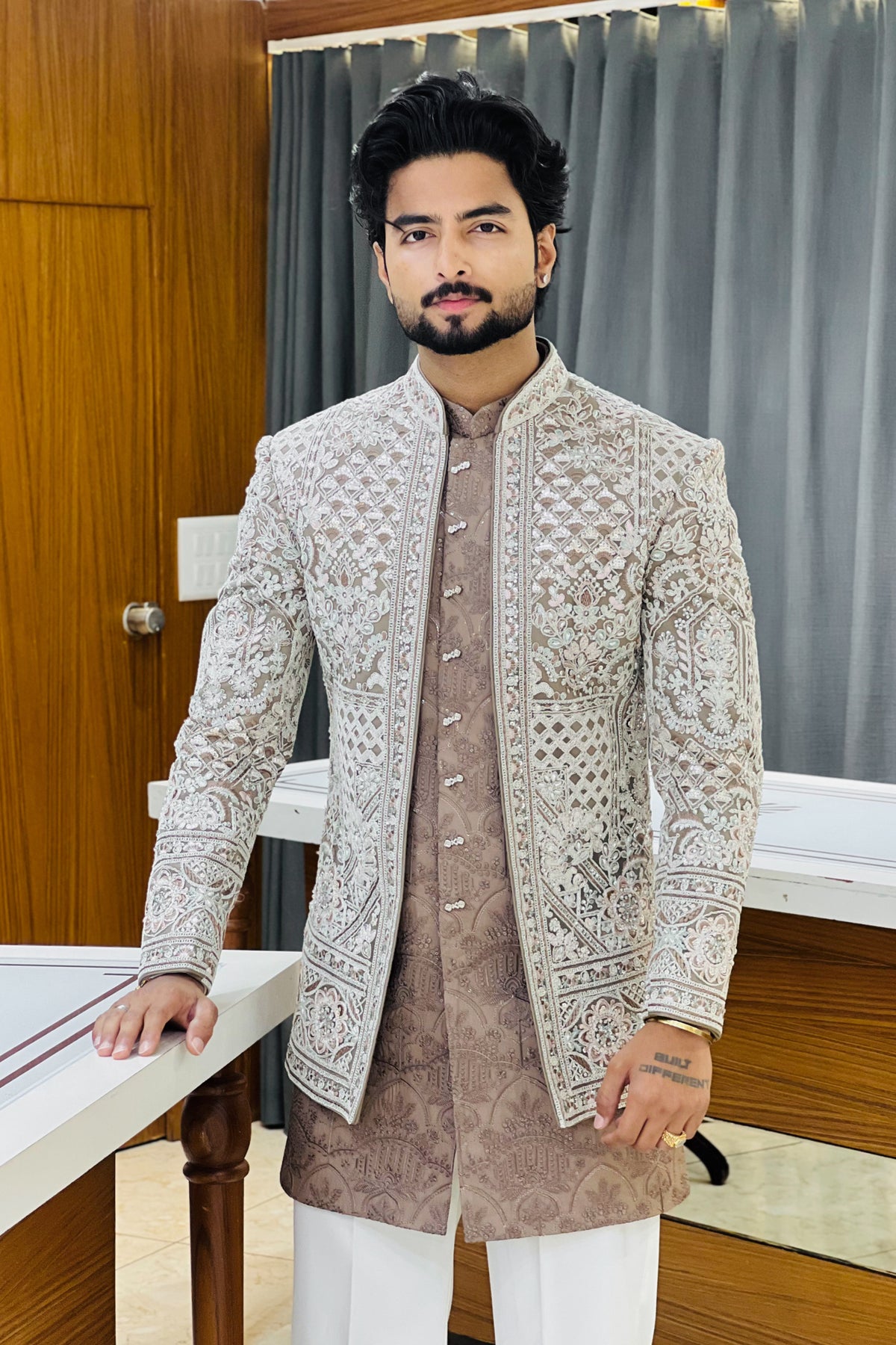 Chiku Beige Three Piece Jodhpuri Set with Embroidered Floral Motifs