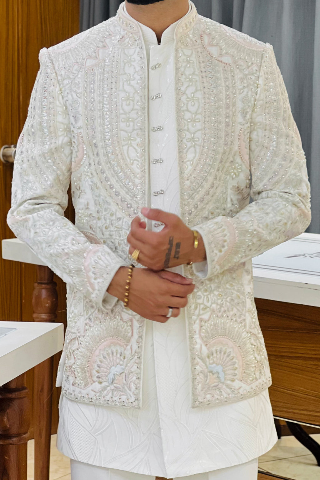 Pure White Three Piece Jodhpuri Set with Embroidered Floral Motifs