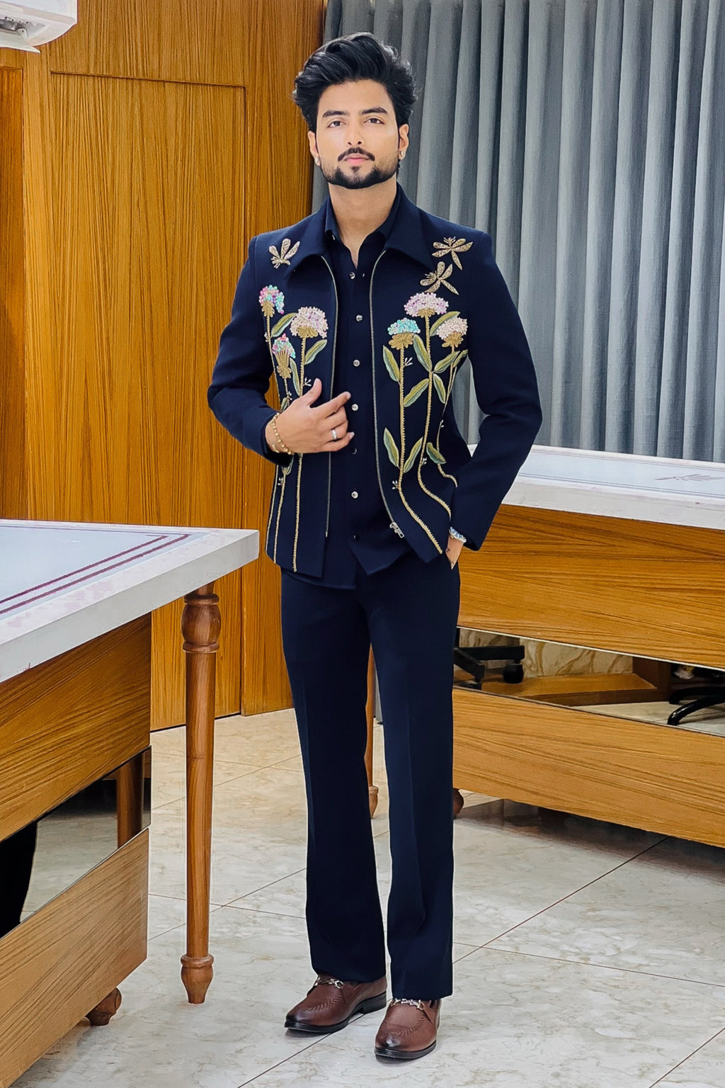 Floral Chain Embellished Bomber Jacket Set