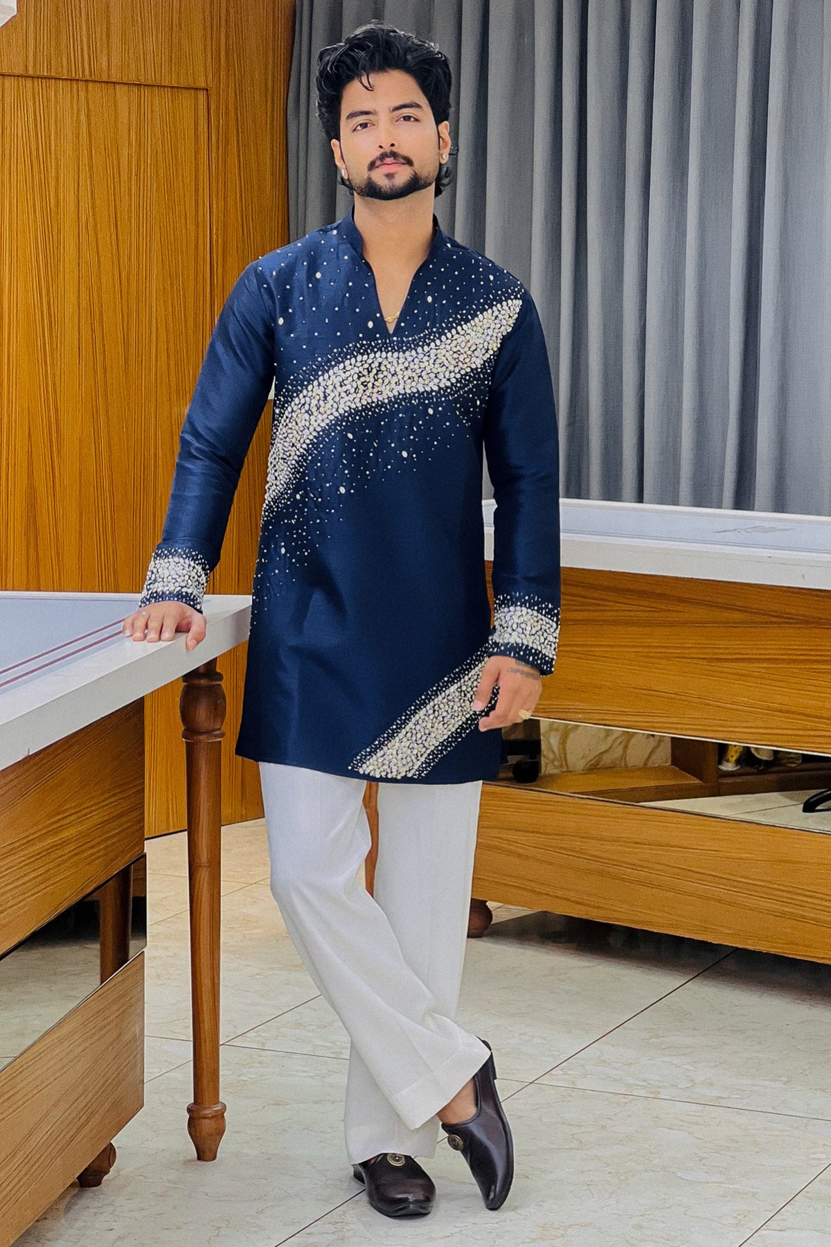 Nevy Blue Royal Sequin V-Neck Kurta Pajama