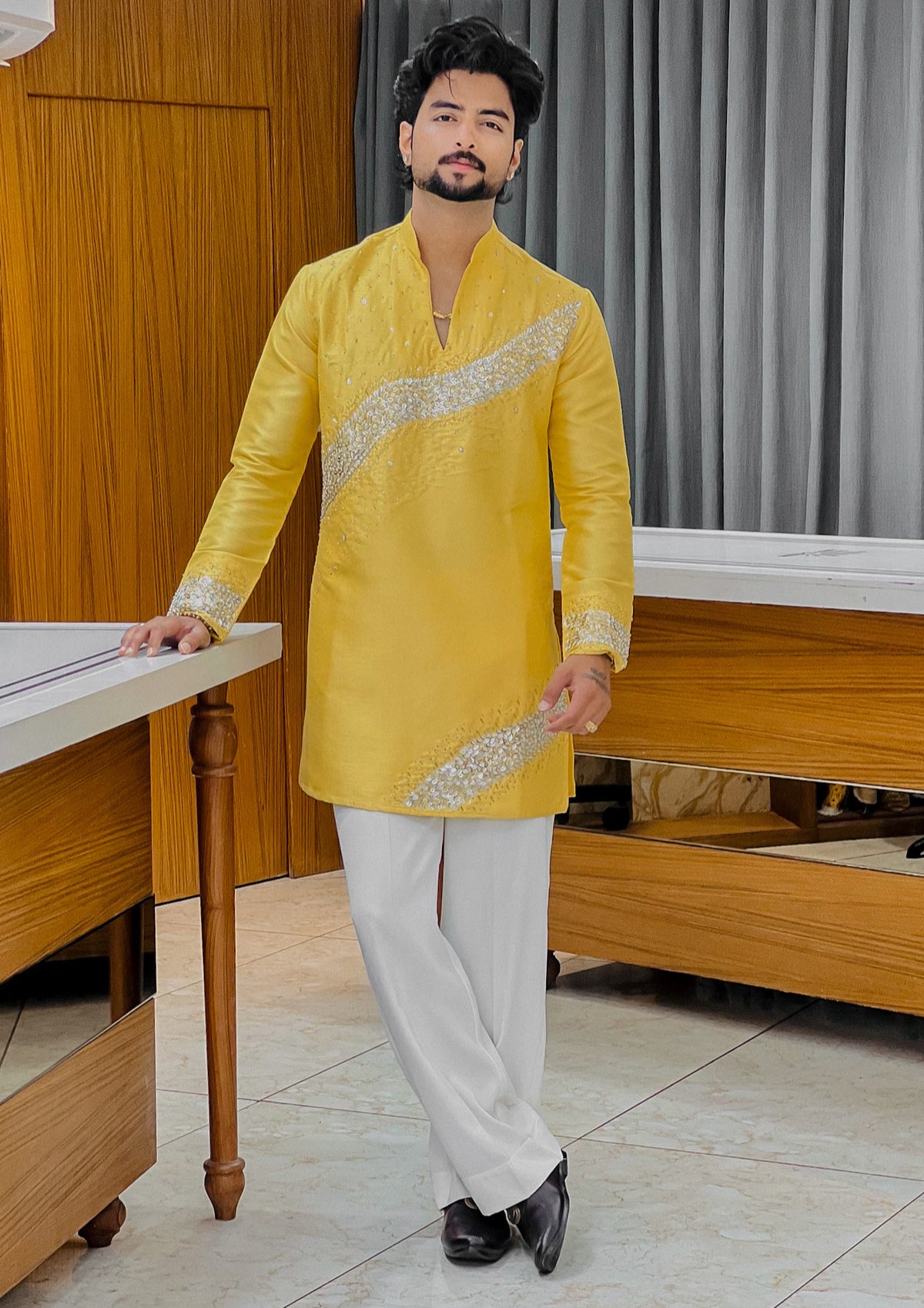 Yellow Royal Sequin V-Neck Kurta Pajama