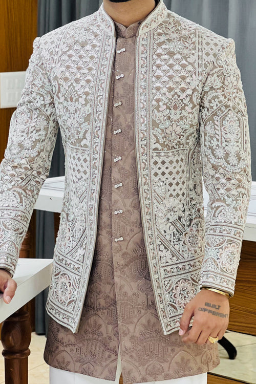 Chiku Beige Three Piece Jodhpuri Set with Embroidered Floral Motifs