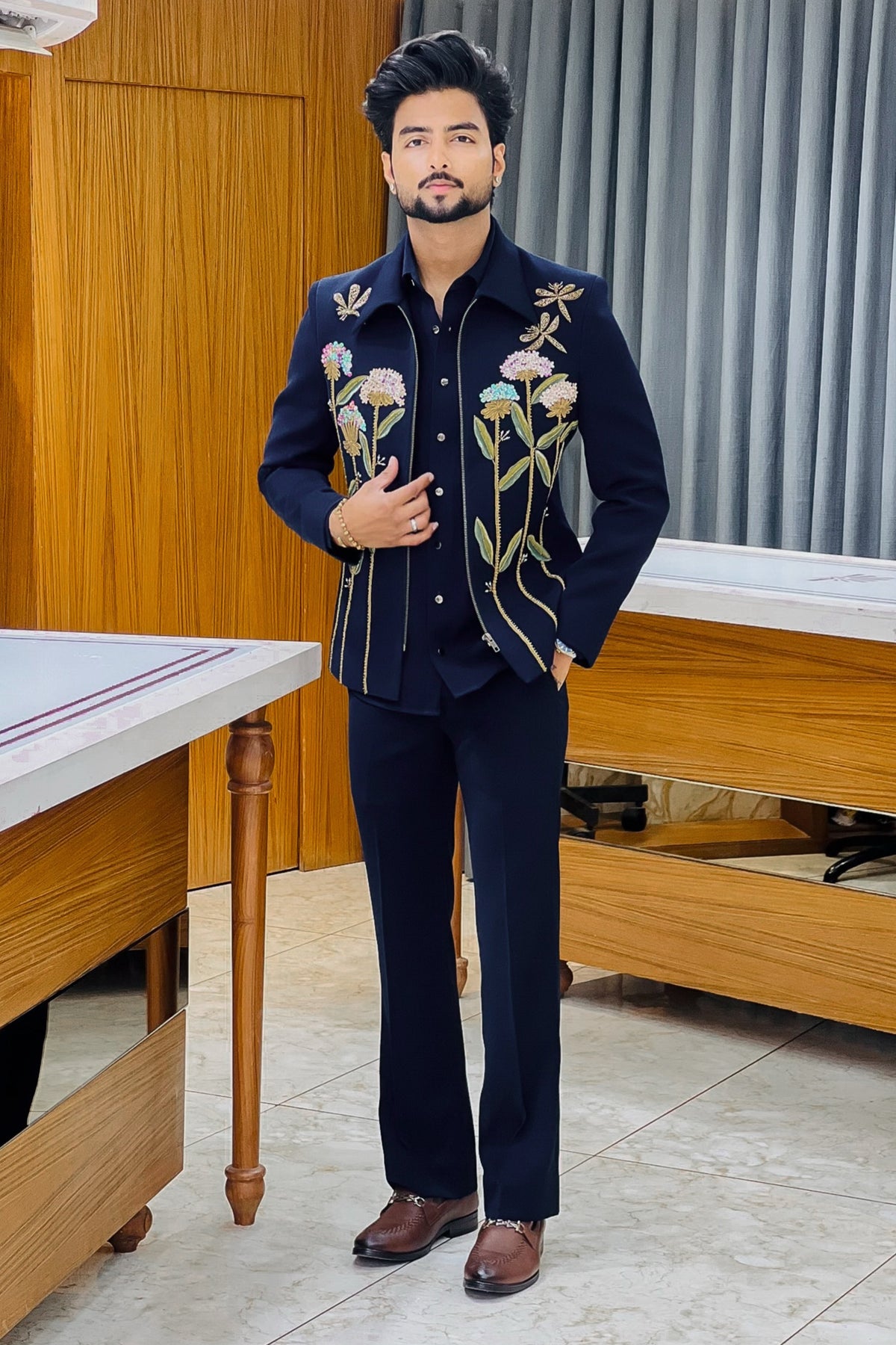 Floral Chain Embellished Bomber Jacket Set