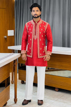 Red Hand Zardozi Kurta Jacket Set