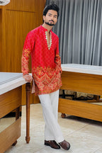Red Satin Silk Mirror Work Kurta Set