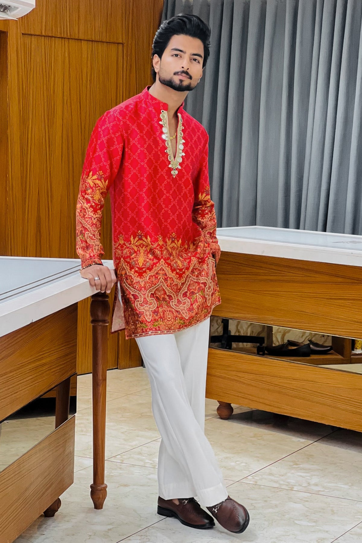 Red Satin Silk Mirror Work Kurta Set