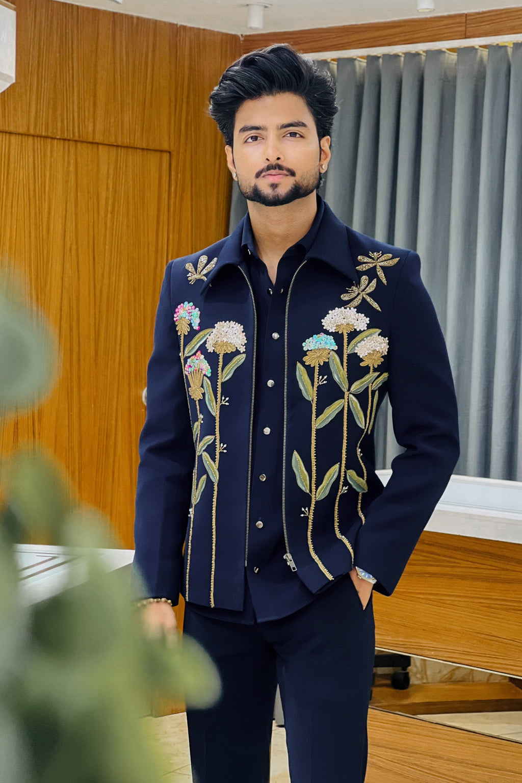 Floral Chain Embellished Bomber Jacket Set
