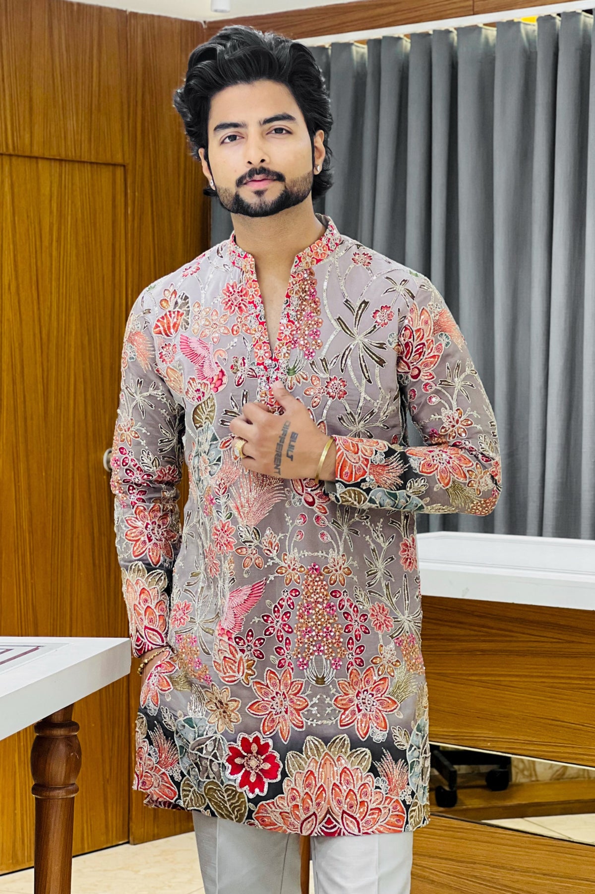 Grey Floral Bloom Sequin Kurta Pajama