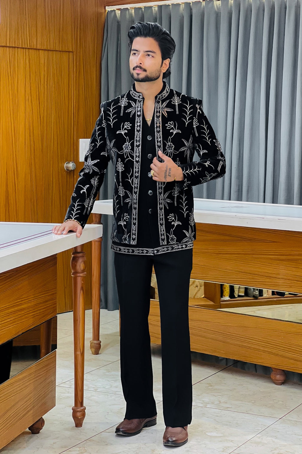 Black Velvet Floral Luxe Open Three Piece Jodhpuri