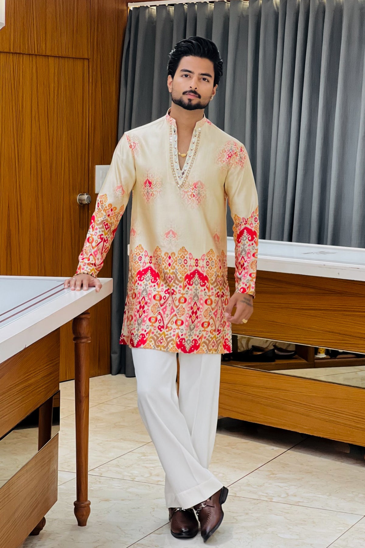Ivory Satin Silk Mirror Work Kurta Set