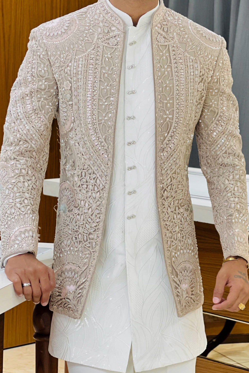 Pearl Beige Three Piece Jodhpuri Set with Embroidered Floral Motifs